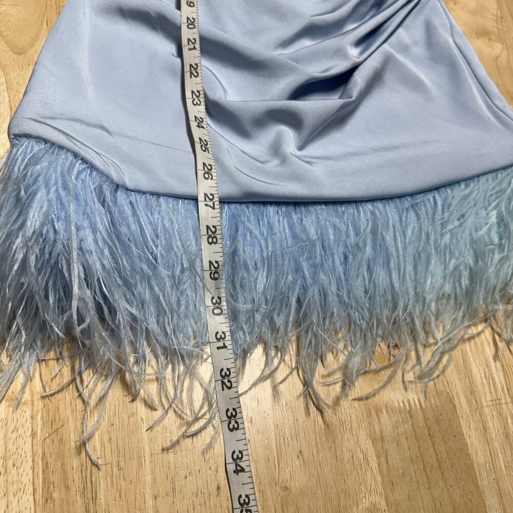 Mac Duggal NWT Feather Trim One Shoulder Draped Mini Dress Powder Blue Size 8 - Picture 10 of 10
